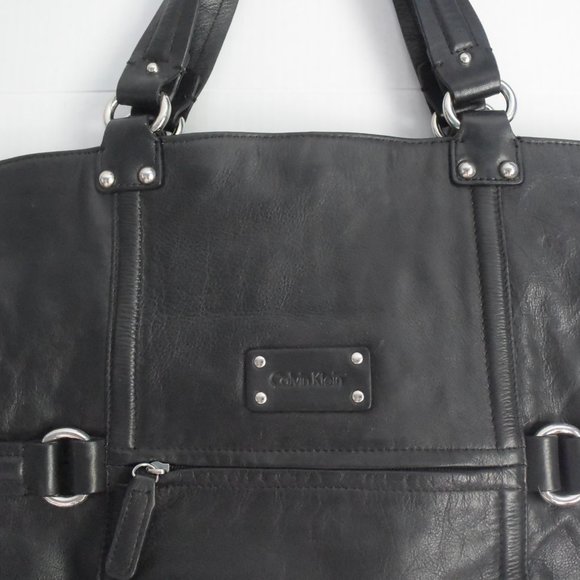 Large Calvin Klein Black Leather Tote Handbag Gently Used VG Condition - Picture 3 of 16